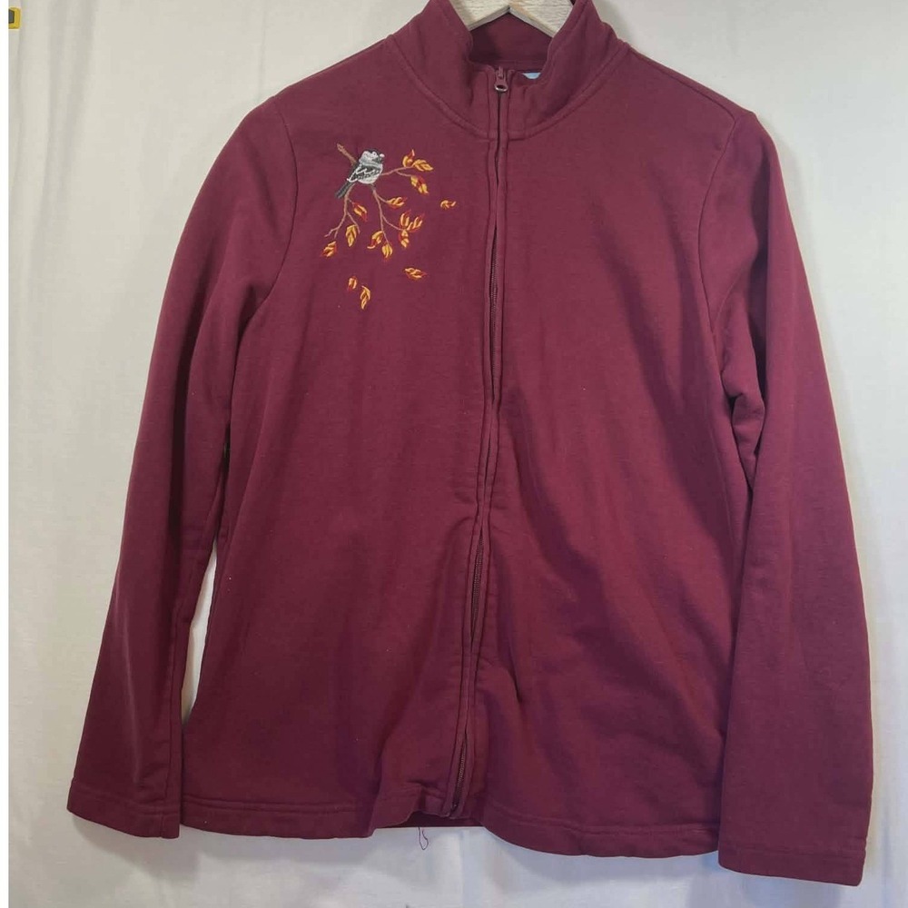 Penmans‎ Burgundy Bird Embroidered Zip Up Fleece Sweatshirt Mock Neck Womens M